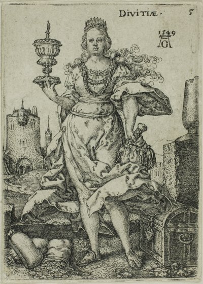 Rikedom, tallrik fem från Virtues and Vices av Heinrich Aldegrever