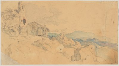 Bergslandskap med koja och ruiner av Heinrich Burkel