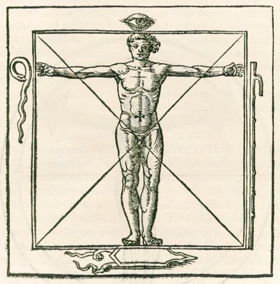 Man på en fyrkant omgiven av symboler för ögat, orm, sjusektionsstav och sköld. Gravyr från Heinrich Cornelius Agrippa von Nettesheim (1486-1535) De occulta philosophia libri tres (Three B av Heinrich Cornelius Agrippa von Nettesheim