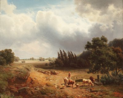 Skogbevuxet landskap med en herdinna och hennes boskap, 1862 av Heinrich Hofer