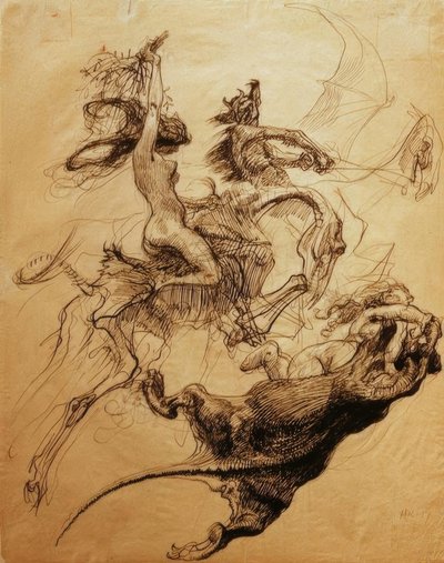 Naken kvinna på skelett och djävul som rider pterodactyl av Heinrich Kley