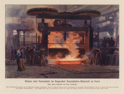 Valsning av pansarplåt vid Krupps fabrik i Essen, Tyskland (färglitografi) av Heinrich Kley