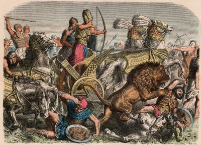 Forntida Egypten: Farao Ramses II kämpar mot krigslejonen i den hettitiska armén i Qadesh, 1274 f.Kr., 1866 av Heinrich Leutemann