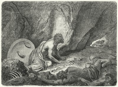 Aristomenes flyr från gropen där han hade kastats av spartanerna (gravyr) av Heinrich Leutemann