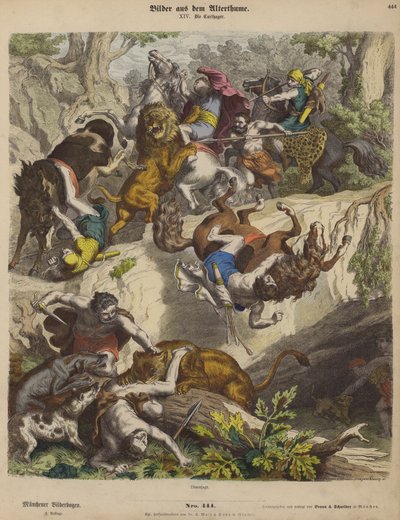 Karthagiska lejonjakt (färgad gravyr) av Heinrich Leutemann
