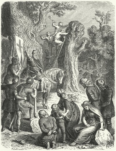 Karl den Store beordrar avverkning av Irmensaule, saxarnas heliga ek, 772 (gravyr) av Heinrich Leutemann