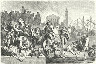 Avgång av en vandalflotta lastad med byte från en plundrad stad (gravyr) av Heinrich Leutemann