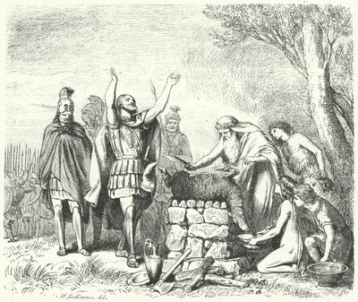 Pausanias gör ett offer till gudarna före slaget vid Plataea, 479 f.Kr. (gravyr) av Heinrich Leutemann