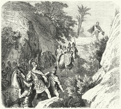 Perseus av Makedonien på marsch genom Thessaliens raviner (gravyr) av Heinrich Leutemann