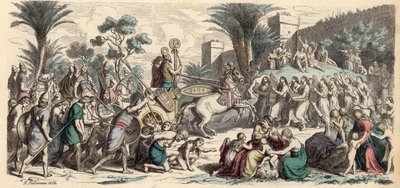 Mottagande av en segerrik assyrisk armé (färgad gravyr) av Heinrich Leutemann
