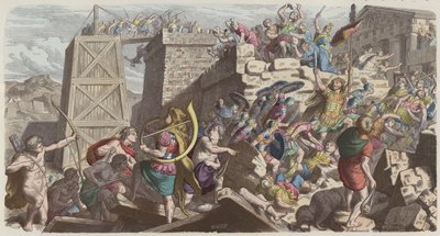 Romerska soldater stormar en stad (färgad gravyr) av Heinrich Leutemann