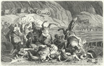 Romare utplacerade i falangformation mot thrakiskt kavalleri (gravyr) av Heinrich Leutemann