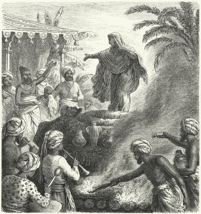Suttee, hinduisk begravningssed (gravyr) av Heinrich Leutemann