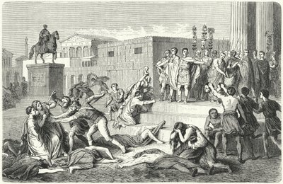 Triumviratet av Mark Antony, Marcus Aemilius Lepidus och Octavianus proklamerar förbud mot sina politiska fiender, 43 f.Kr. av Heinrich Leutemann