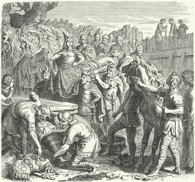 Begravningen av Alarik I, visigoternas kung, i bädden av floden Busento, 410 (gravyr) av Heinrich Leutemann