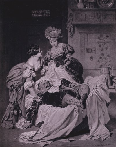 Scen från Shakespeares The Merry Wives of Windsor (akt III, scen 3) (litho) av Heinrich Lossow