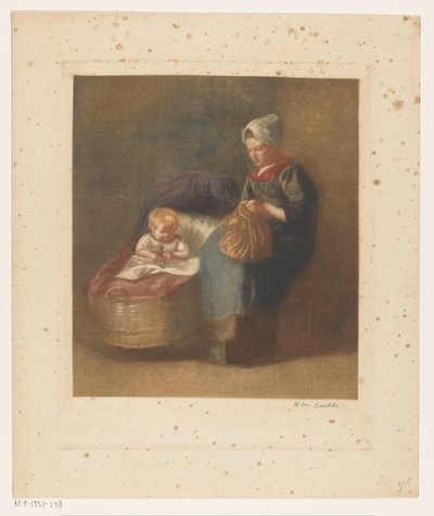 Handarbetande kvinna bredvid ett barn en vagga av Heinrich M. Krabbé (signed by artist)
