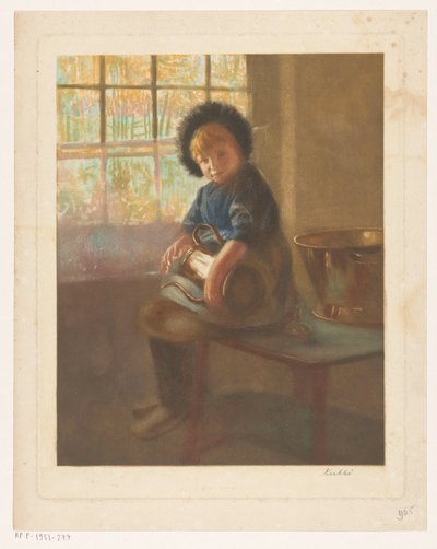 Flicka som polerar en kopparkruka av Heinrich M. Krabbé (signed by artist)