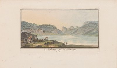 Utsikt över Les Charbonnières på Lac de Joux i Charbonieres, nära Lac de Joux (titel på objekt) Landskap i Schweiz (serietitel) Samling av några perspektiv i Schweiz (serietitel) av Heinrich Rieter