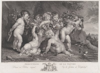 Sju putti som bär en krans av frukt, ca. 1780-87. av Heinrich Schmitz