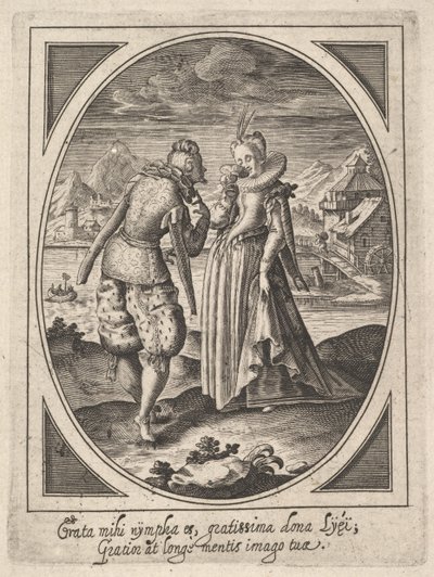 En man kliver mot en kvinna som håller en bägare mot munnen, en vattenkvarn och berg..., ca. 1585-1621. av Heinrich Ulrich