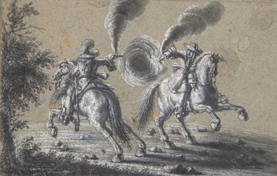 Två ryttare som skjuter på varandra, 1600-1677. av Heinrich Werdmuller