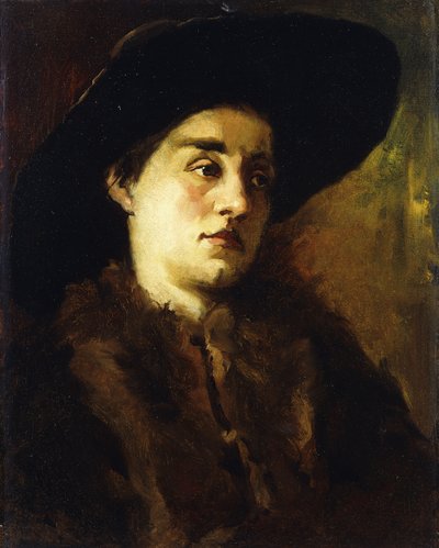 Porträtt av en dam, iklädd pälsrock och svart hatt, av Heinrich Wilhelm Truebner