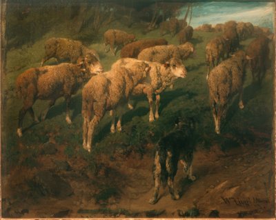 Får med svart hund av Heinrich von Zügel