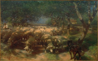 Flock får med hund av Heinrich von Zügel