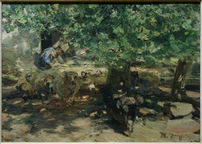 Framför stallet (flock får tränger in i stallet) av Heinrich von Zügel