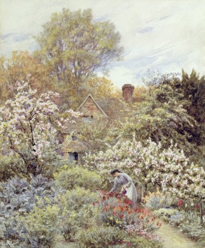 En trädgård på våren (akvarell på papper) av Helen Allingham