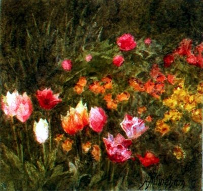 En vårträdgård (akvarell) av Helen Allingham