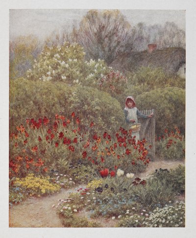 En kvinna som öppnar en grind till en trädgård, illustration från "Happy England", av Robert Huish (färg litho) av Helen Allingham