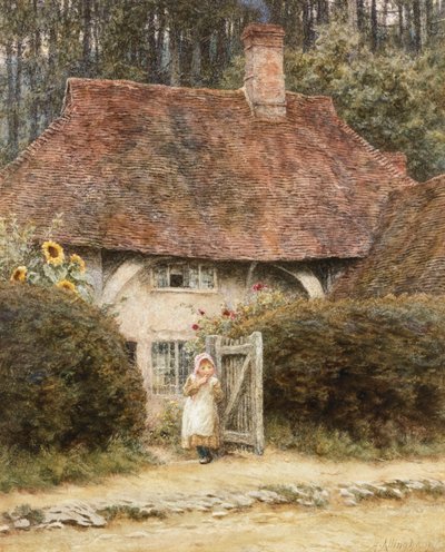 Vid stugporten (akvarell med utskrapa på papper) av Helen Allingham