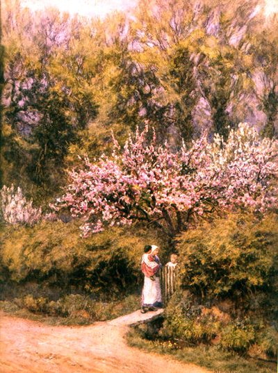 By the Cottage Gate - Blossom Time (akvarell på papper) av Helen Allingham