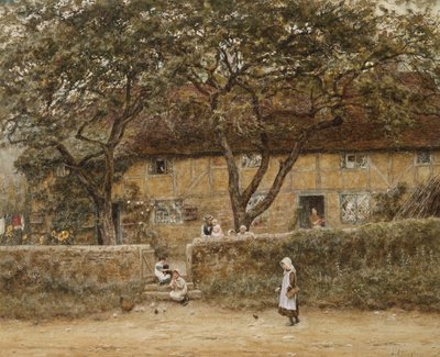 Barn utanför en stuga (akvarell med utskrapa på papper) av Helen Allingham