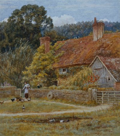 Netley Farm, Shere, Surrey (akvarell med utskrapa) av Helen Allingham