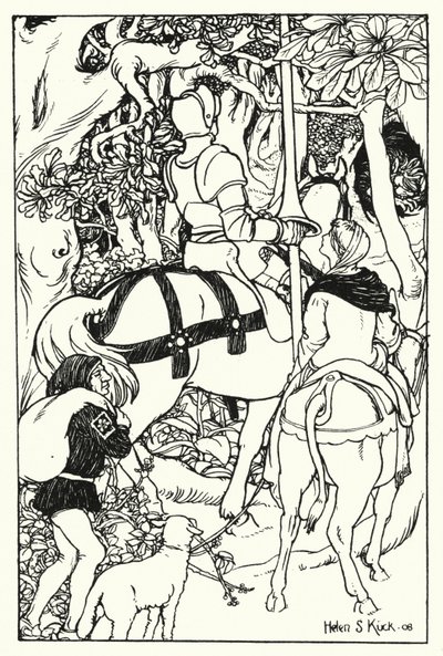 Röda korset och frun Una i skogen (gravyr) av Helen S. Kuck