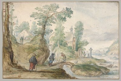 Skogbevuxet flodlandskap med en kyrka och figurer av Hendrick Avercamp