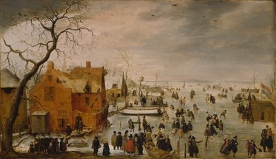 Nederländska: IJslandschap / Skridskoåkning Vinterlandskap med många skridskoåkare av Hendrick Avercamp