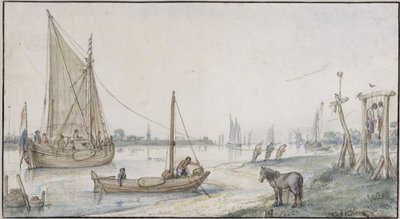 Flodlandskap med ett bogserat segelfartyg, i förgrunden till höger en galge med två hängda av Hendrick Avercamp