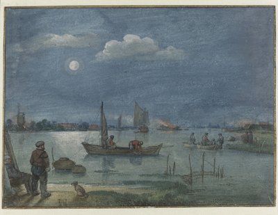 Månbelyst flodlandskap med fiskare av Hendrick Avercamp