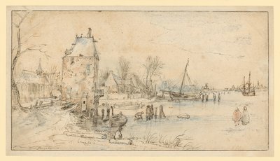 By med vakttorn och kyrka vid sjöstranden av Hendrick Avercamp