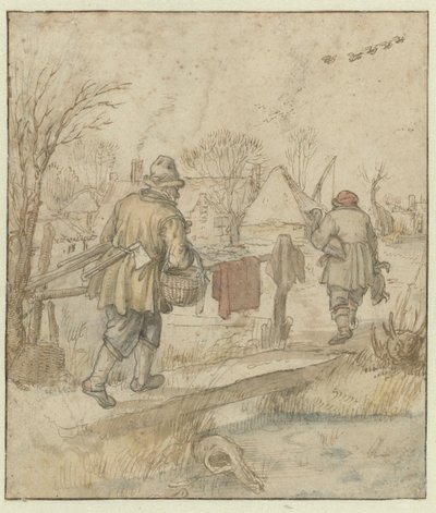 Ankjägarnas återkomst / tergo: Skisser av fartyg och av en man i vinterkläder av Hendrick Avercamp