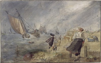 Sjöst rand i storm med figurer av Hendrick Avercamp