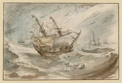 Stormigt hav med stort segelfartyg av Hendrick Avercamp
