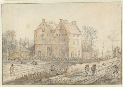 Utsikt över ett hus på landet med såmän på fältet av Hendrick Avercamp