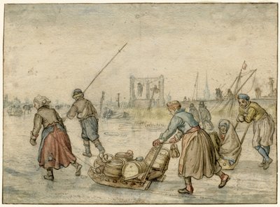 Vinterlandskap med två kvinnor och en släde och andra figurer på isen, en galge i fjärran av Hendrick Avercamp