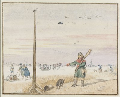Vinterlandskap med en ankjägare med vilt i bältet och pistolen över axeln på stranden av en frusen flod av Hendrick Avercamp