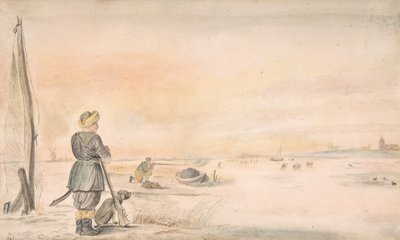 Vinterlandskap med en jägare och hans hund, n.d.. av Hendrick Avercamp